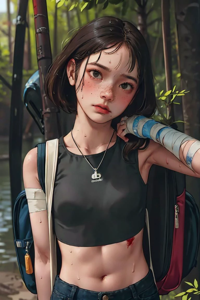 (best quality, masterpiece1.2), (detailed eye:1.2), intricate detail, depth of field, 20 years old girl, jungle, sunlight, (injury:1.2), bandages, crop top, (dark skin:1.3), head tilt, twisted torso, backpack, outdoors, freckles, (sweat:1.2), standing, (looking away:1.3), blood, from above,