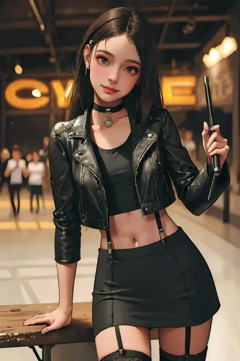 (best quality, masterpiece1.2), (detailed eye:1.2), intricate detail, depth of field, 20 years old girl, long hair, crop top, pencil skirt, standing, (makeup), smile, (muscular:0.4), (piercing), kneehighs, thigh boots, leather jacket, looking at viewer, choker, head tilt, garter straps, upper body, (in crowd:1.3), city