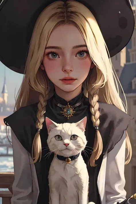 (best quality, masterpiece1.2), (detailed eye:1.2), intricate detail, depth of field, 20 years old girl, witch, witch hat, cat, castle, standing, magical girl, blonde,