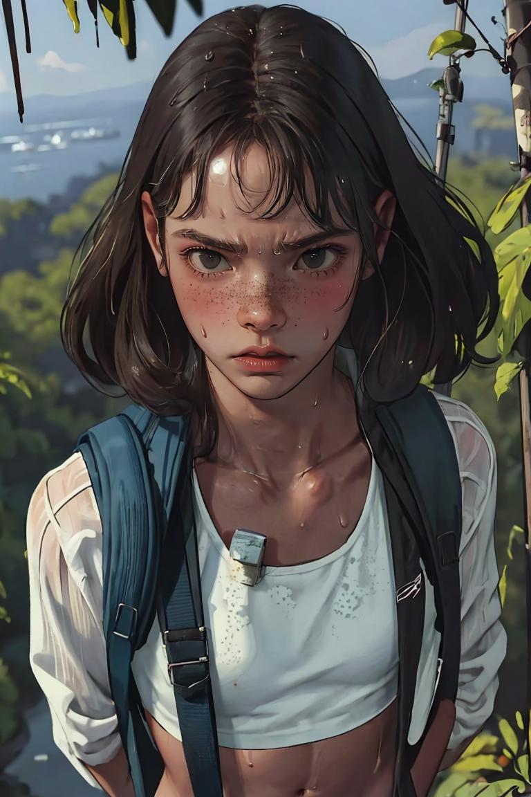 A woman with a backpack standing in front of a tree - SeaArt AI