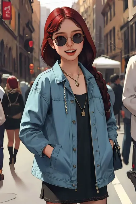 (best quality, masterpiece1.2), (detailed eye:1.2), intricate detail, depth of field, 20 years old girl, sunglasses, oversized jacket, alley, festival, standing, handbag, hand in pocket, dress, long hair, looking at viewer, (in crowd), necklace, red hair, laughing, braid,