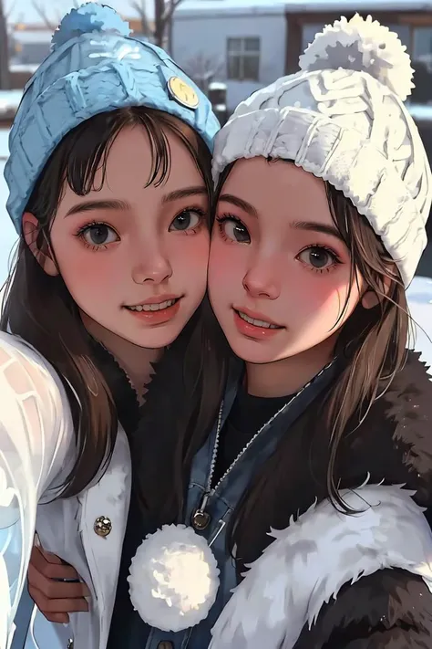 (best quality, masterpiece1.2), (detailed eye:1.2), intricate detail, depth of field, (2girls, Face-to-face:1.3), fur coat, smile, long hair, looking at viewer, selfie, from above, winter, laughing, beanie,
