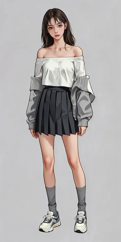 (best quality, masterpiece1.2), (detailed eye:1.2), intricate detail, depth of field, (off_shoulder, pleated skirt, sneakers, socks, full body, standing, looking at viewer, simple grey background:1.4), 20 years old girl, blonde hair, wavy long hair,