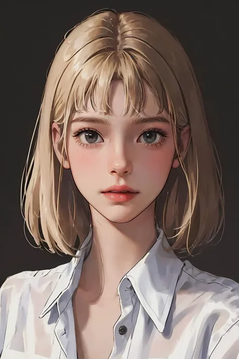 (best quality, masterpiece1.2), (detailed eye:1.2), intricate detail, depth of field, (white shirt, looking at viewer, upper body, simple background), 1girl, blonde hair,