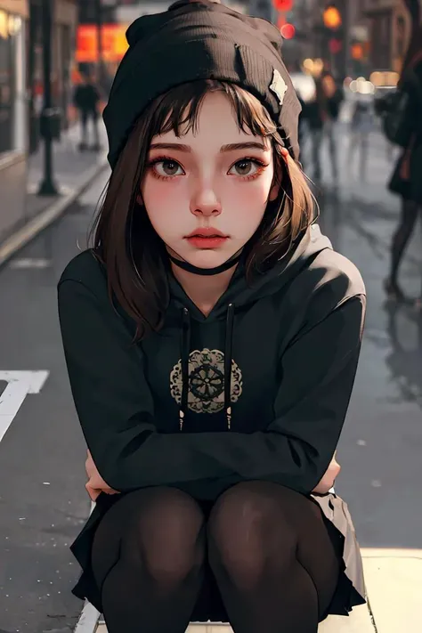 (best quality, masterpiece1.2), (detailed eye:1.2), intricate detail, (depth of field:1.3), 20 years old girl, hoodie, long hair, street, crouching, looking at viewer, beanie, skirt, makeup, piercing, pantyhose,