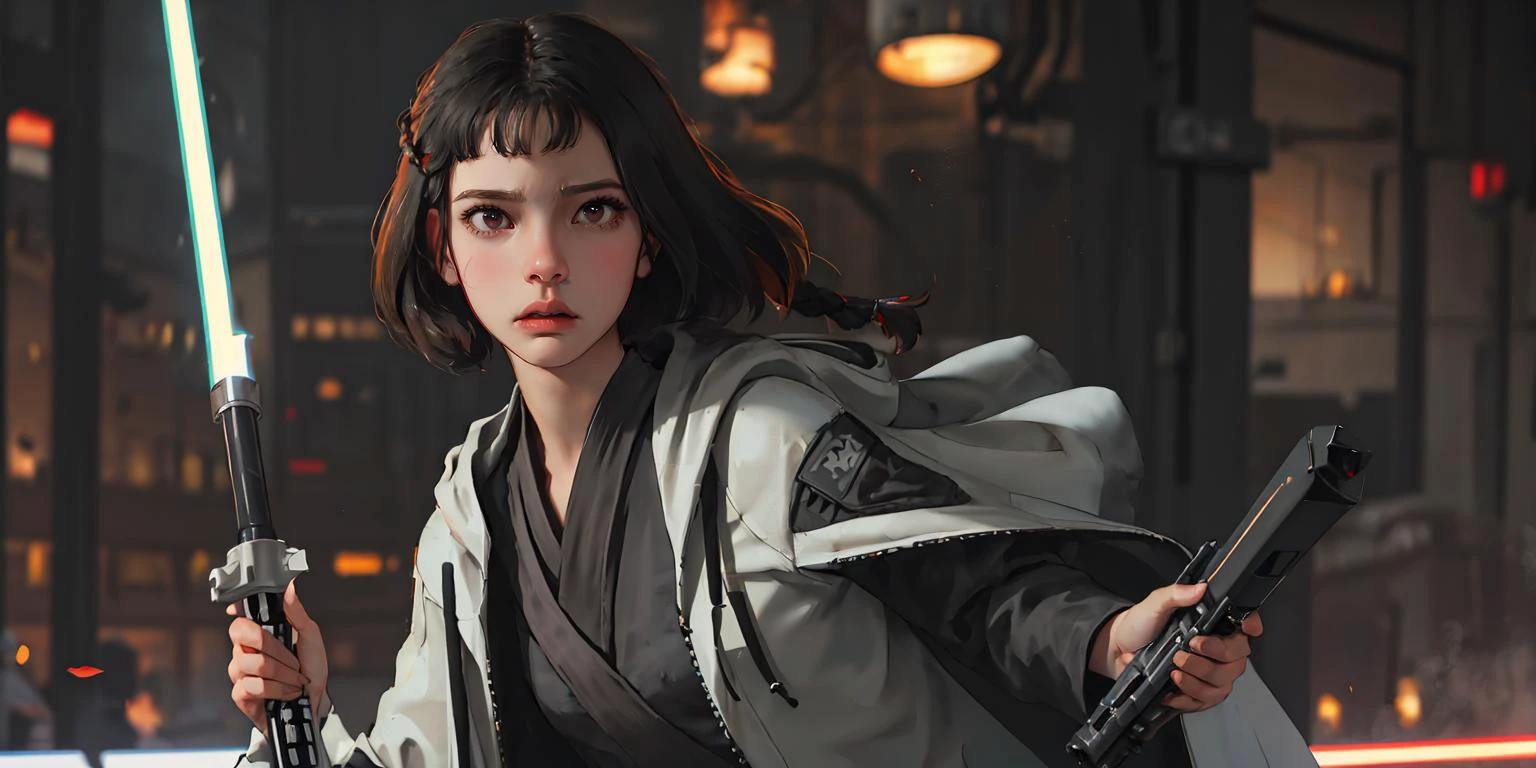 (best quality, masterpiece1.2), (detailed eye:1.2), intricate detail, depth of field, 20 years old girl, (laser, dark mood, glowing eyes, jedi, wielding lightsaber, robe, hood, droid, empire, stormtrooper, starwars:1.2), long hair, braid, looking at viewer, closed mouth, (angry), wide angle, red eyes, reflection, wind, in crowd,
