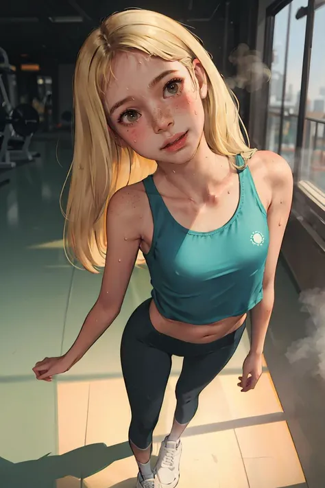 (best quality, masterpiece1.2), (detailed eye:1.2), intricate detail, depth of field, 20 years old girl, standing, athletic, gym, twisted torso, sweat, head tilt, see-through, (blonde:1.2), freckles, blush, steaming body, (oversized tank top), (backlight:1.2), twisted torso, (muscular:0.6), (long hair:1.2), looking at viewer, smile, socks, sneakers, (sweat), leggings, from above,