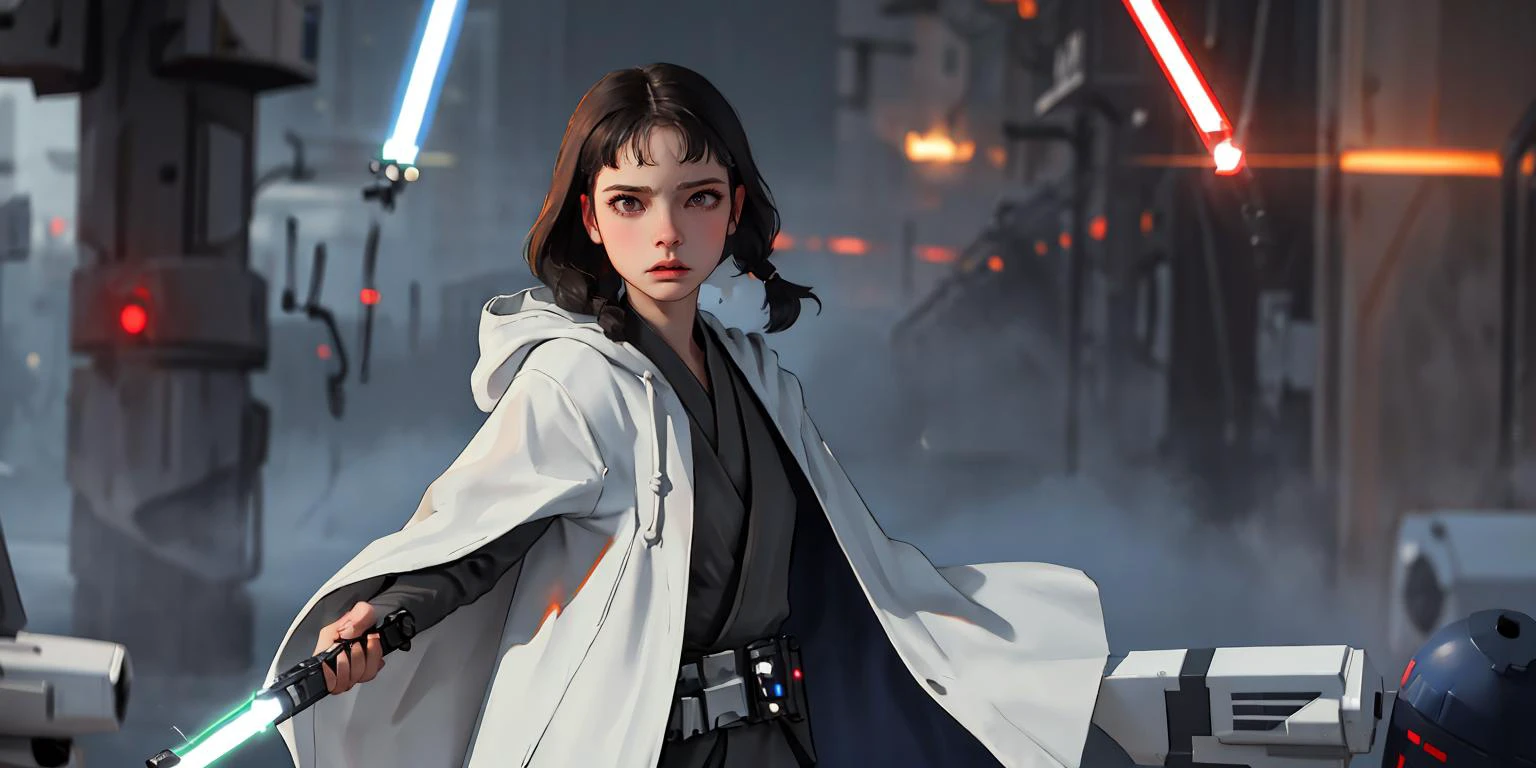 (best quality, masterpiece1.2), (detailed eye:1.2), intricate detail, depth of field, 20 years old girl, (laser, dark mood, glowing eyes, jedi, wielding lightsaber, robe, hood, droid, empire, stormtrooper, starwars:1.2), long hair, braid, looking at viewer, closed mouth, (angry), wide angle, red eyes, reflection, wind, in crowd,