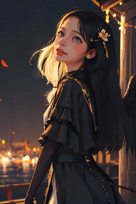 1girl,solo,Amazing,beautiful detailed eyes,finely detail,Depth of field,original, extremely detailed wallpaper,detailed face,black hair and golden pupil ,(many) glowing black (feathers),night with bright colorful lights whith richly layered clouds and clouded moon in the detailed sky,(a lot of glowing particles),Lots of meteors,(crying) and smile,(black wing),floating hair,torii,very_long_hair,colored tips,full body,With a luminous flower in her hand