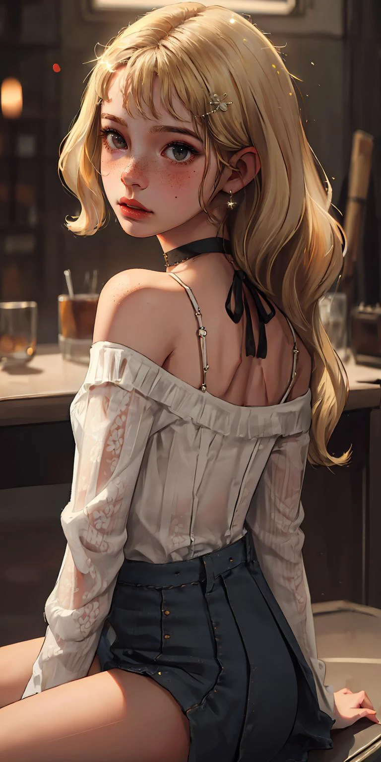 (best quality, masterpiece:1.2), (detailed eye:1.2), intricate detail, depth of field, 20 years old girl, sitting, (lens flare, backlight:1.2), (blonde, long wavy hair), earrings, hair ornament, off shoulder, freckles, blush, choker, looking at viewer, flash,