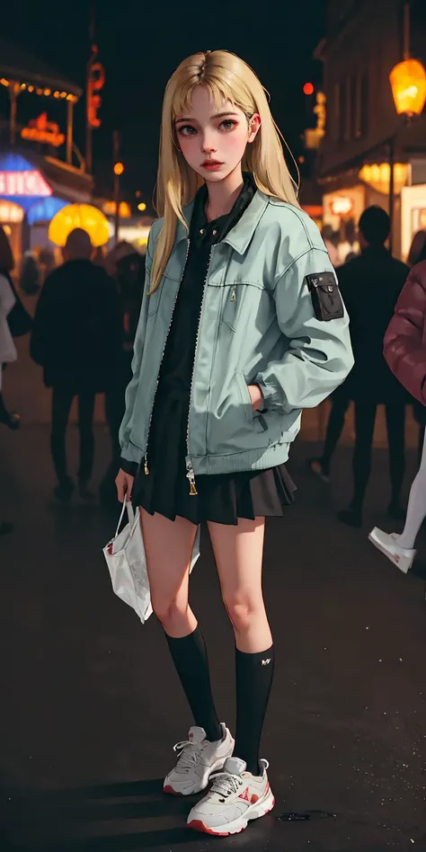 (best quality, masterpiece:1.2), (detailed eye:1.2), intricate detail, (depth of field:1.3), 20 years old girl, standing, full body, ((night, dark mood)), ambient light, Amusement parks, in crowd, pov, oversized jacket, skirt, kneehighs, sneakers, hand in pocket, blonde, long hair, looking at viewer,