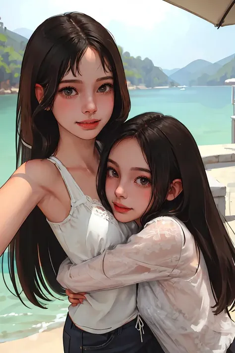 (best quality, masterpiece:1.2), (detailed eye:1.2), intricate detail, depth of field, (face-to-face, 2girls, hug:1.2), selfie, looking at viewer, outdoors, smile, happy, long hair, summer,