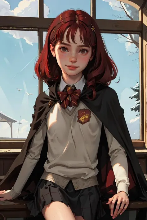 (best quality, masterpiece1.2), (detailed eye:1.2), intricate detail, 1girl, harry_potter, hogwarts school uniform, looking at viewer, smile, red hair, curly hair, wavy hair, freckles, pale skin, skirt, cape,