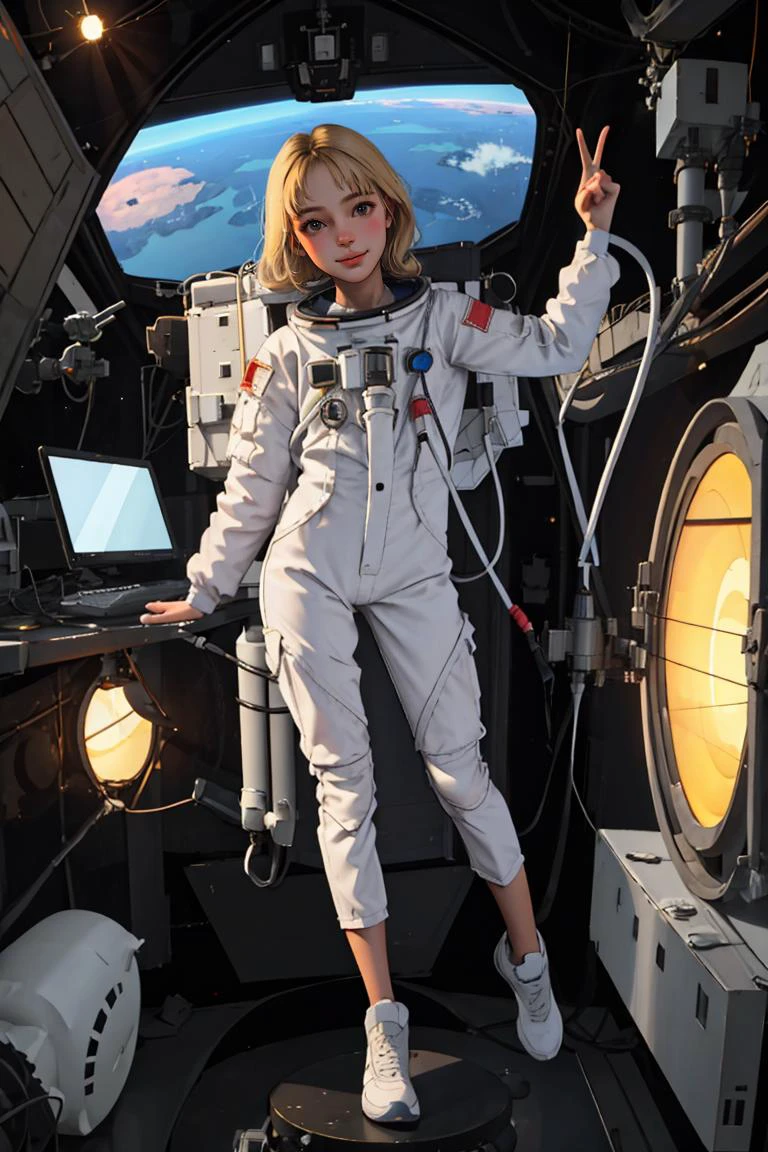 (best quality, masterpiece1.2), (detailed eye:1.2), intricate detail, 20 years old girl, astronaut, in space station, smile, braid, blonde, full body