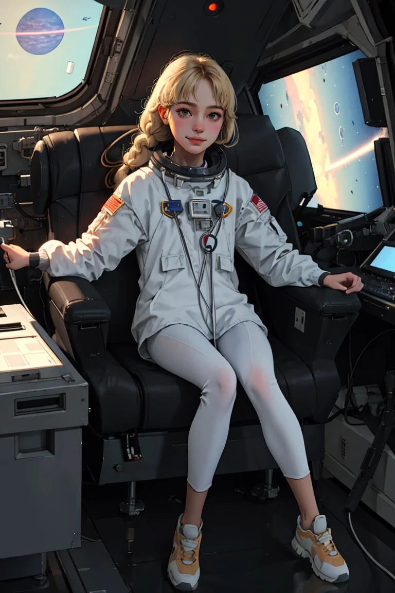 (best quality, masterpiece1.2), (detailed eye:1.2), intricate detail, 20 years old girl, astronaut, in space station, smile, braid, blonde, full body