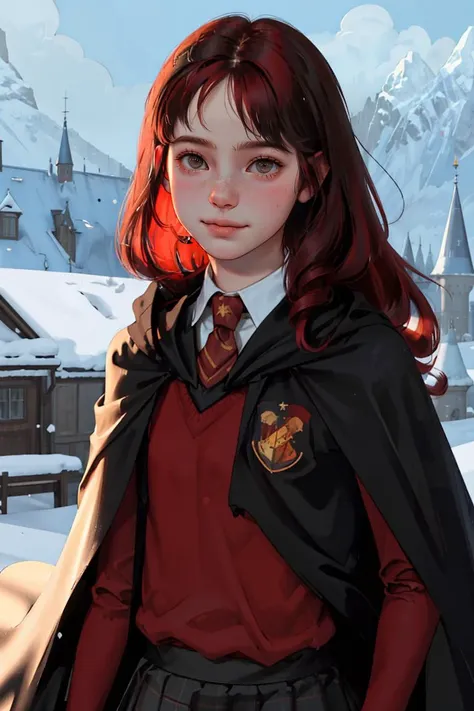 (best quality, masterpiece1.2), (detailed eye:1.2), intricate detail, 1girl, harry_potter, hogwarts school uniform, looking at viewer, smile, red hair, curly hair, wavy hair, freckles, pale skin, skirt, cape,