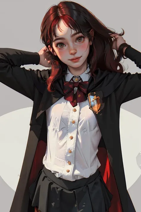 (best quality, masterpiece1.2), (detailed eye:1.2), intricate detail, 1girl, harry_potter, hogwarts school uniform, looking at viewer, smile, red hair, curly hair, wavy hair, freckles, pale skin, skirt, cape,