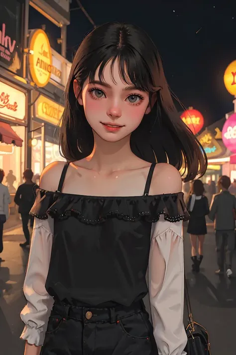 (best quality, masterpiece:1.2), detailed eyes, depth of field, 20 years old girl, off shoulder, night, festival, Amusement parks, pov, smile, standing, Excited,