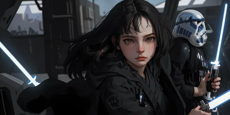 (best quality, masterpiece1.2), (detailed eye:1.2), intricate detail, depth of field, 20 years old girl, (laser, dark mood, glowing eyes, jedi, wielding lightsaber, robe, hood, droid, empire, stormtrooper, starwars:1.2), long hair, braid, looking at viewer, closed mouth, (angry), wide angle, red eyes, reflection, wind,