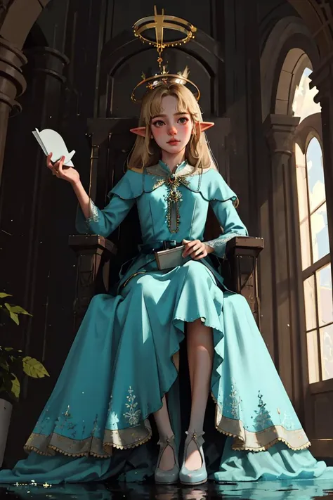 (best quality, masterpiece1.2), (detailed eye:1.2), intricate detail, depth of field, 20 years old girl, elf, princess, palace, blonde hair, hair ornament, crown, halo, Dainty dresses, Throne of Roots, freckles, from below,