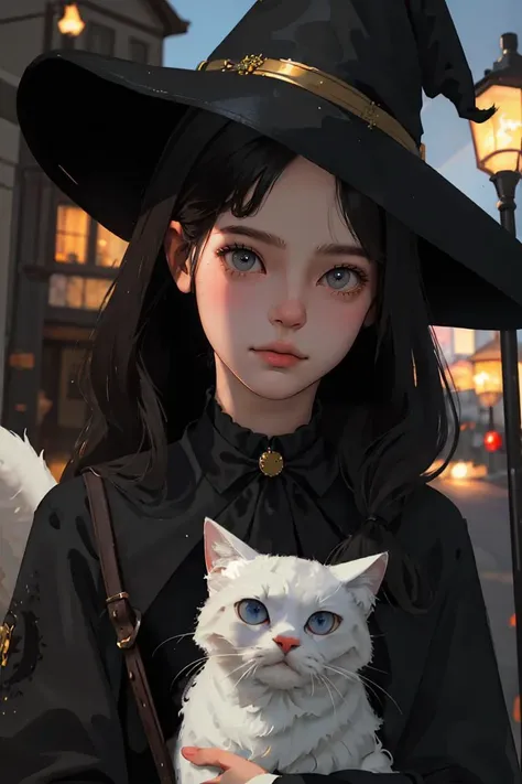 (best quality, masterpiece:1.2), detailed eyes, depth of field, 20 years old girl, witch, holding cat