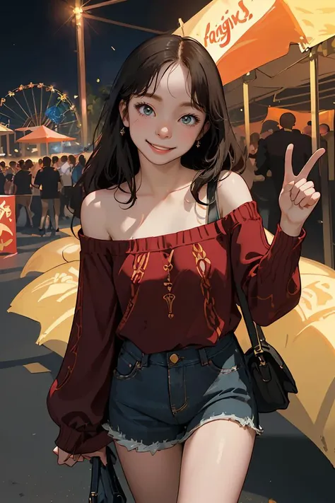 (best quality, masterpiece), 1girl, off shoulder, night, festival, Amusement parks, pov, smile, standing, Excited