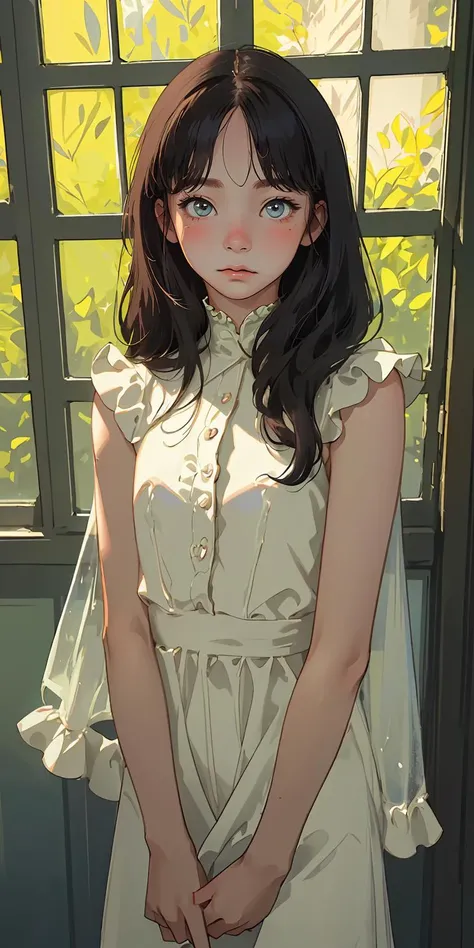 (best quality, masterpiece), 1girl, intricate details, frills, see-through, looking at viewer, sunlight from windows, blush, bangs, standing, upper body,