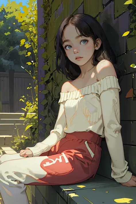 (best quality, masterpiece), 1girl, sitting, spread legs, looking at viewer, leaning back, against wall, off shoulder, sunlight, track pants,