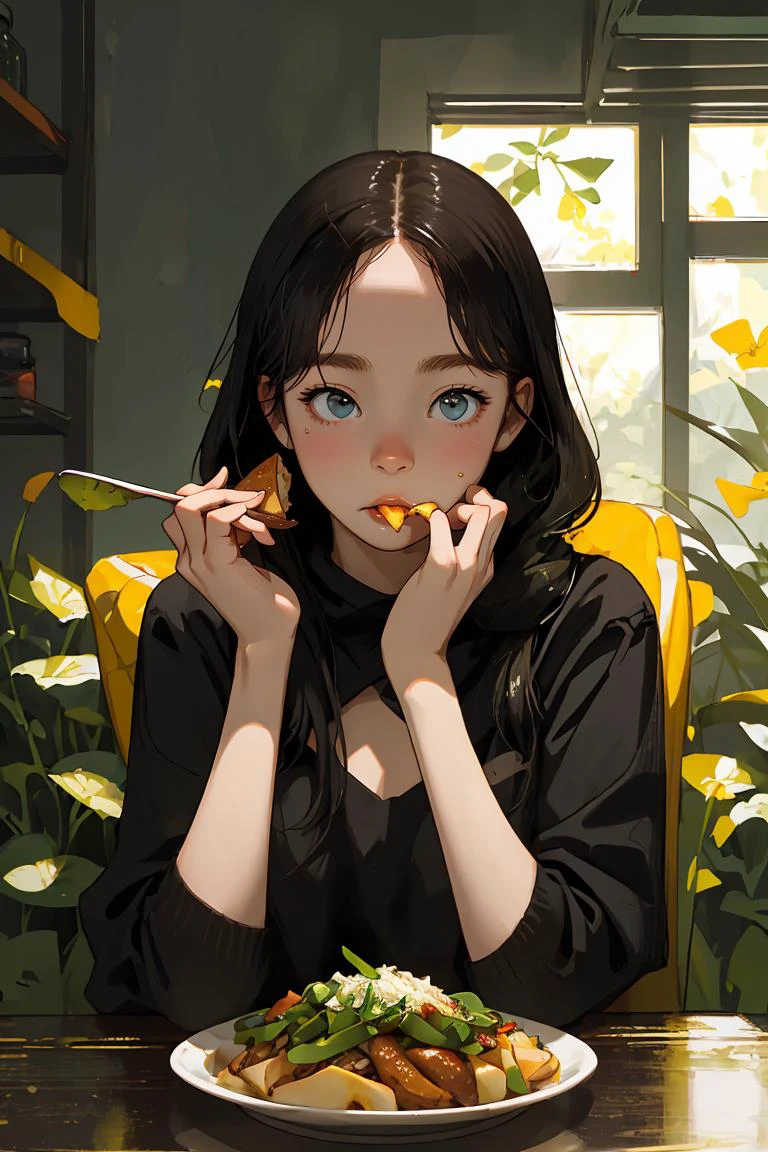 (best quality, masterpiece), 1girl, meal, eating,