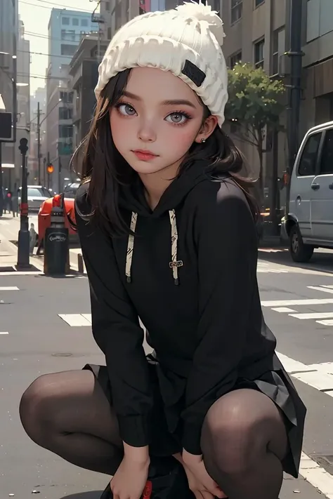 (best quality, masterpiece), 1girl, hoodie, long hair, street, crouching, looking at viewer, beanie, skirt, makeup, piercing, pantyhose,