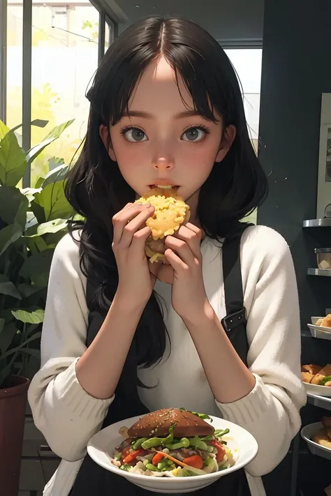 (best quality, masterpiece), 1girl, meal, eating,