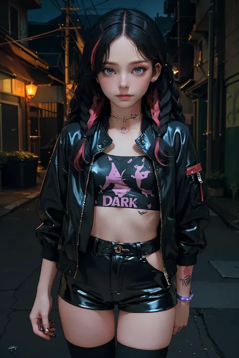 (best quality, masterpiece), 1girl, (piercing:1.3), thighhighs, latex shorts, tattoo, long hair, night, alley, jacket, braid, multicolored hair, looking at viewer, upper body, (dark photo:1.3)<lora:Style_epiNoiseoffset:1>