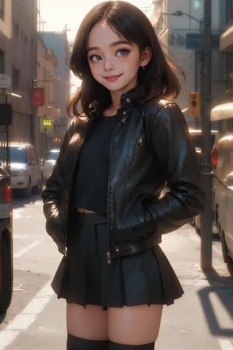 (best quality, masterpiece),  1girl, leather jacket, short skirt, thighhighs, makeup, earring, hand in pocket, looking at viewer, backlighting, seductive smile, freckles, street,