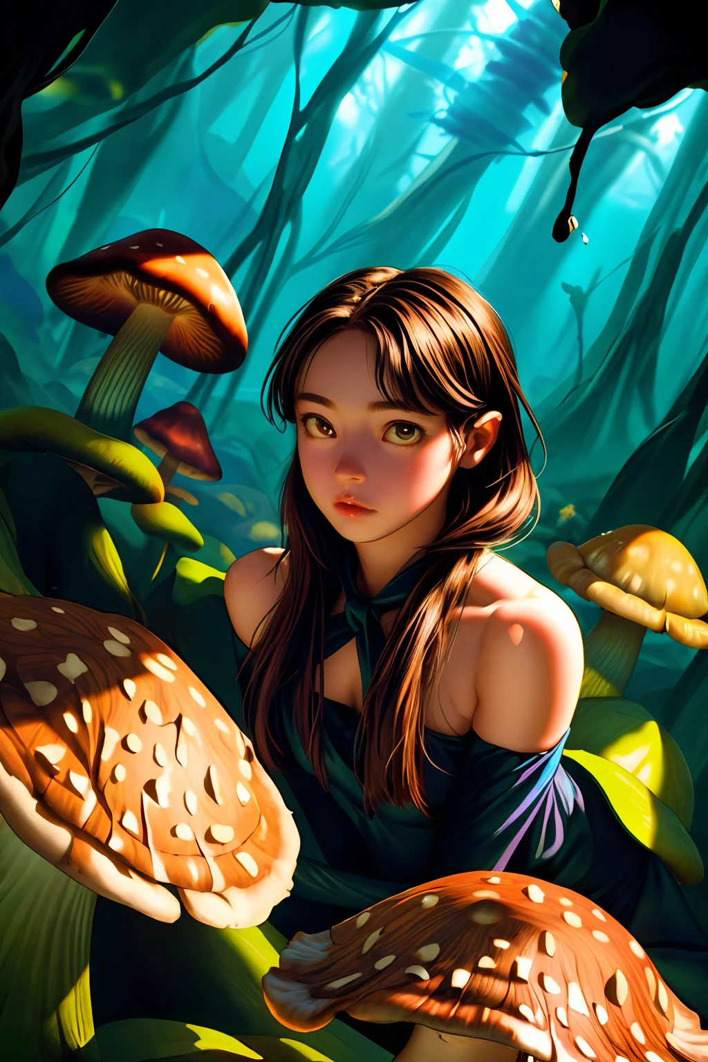 1girl ( by Amanda Clark) forest, mushrooms
high contrast, best shadow, cinematic lighting
(masterpiece, best quality:1.3),
<lora:add_detail:1>