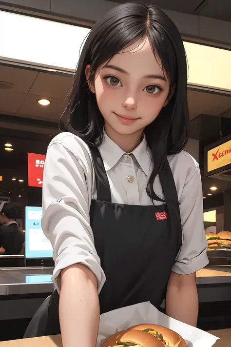 (best quality, masterpiece), 1girl, ^^ smile, fast food employee, cap,