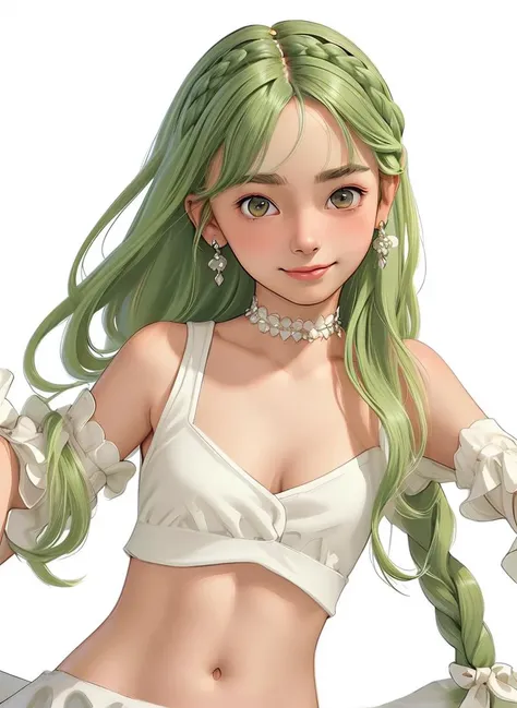1girl, bangs, bare shoulders, blush, braid, breasts, choker, cleavage, closed mouth, collarbone, crop top, earrings, eyebrows visible through hair, green hair, hair ornament, jewelry, long hair, looking at viewer, medium breasts, midriff, navel, simple background, smile, solo, virtual youtuber, white background