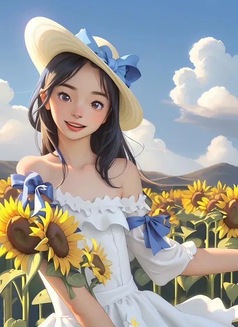 1girl, :d, bare shoulders, blue bow, blue ribbon, blue sky, bouquet, bow, cloud, cloudy sky, collarbone, day, dress, earrings, eyebrows visible through hair, field, flower, flower field, hat, holding, holding flower, jewelry, lens flare, long hair, off shoulder, open mouth, outdoors, ribbon, sky, smile, solo, sun hat, sunflower, virtual youtuber, white dress, yellow flower