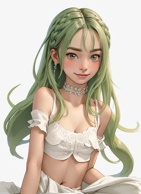 1girl, bangs, bare shoulders, blush, braid, breasts, choker, cleavage, closed mouth, collarbone, crop top, earrings, eyebrows visible through hair, green hair, hair ornament, jewelry, long hair, looking at viewer, medium breasts, midriff, navel, simple background, smile, solo, virtual youtuber, white background