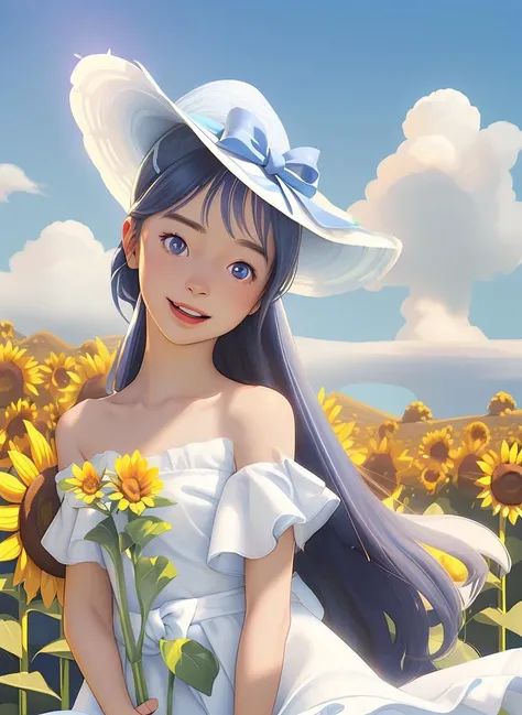 1girl, :d, bare shoulders, blue bow, blue ribbon, blue sky, bouquet, bow, cloud, cloudy sky, collarbone, day, dress, earrings, eyebrows visible through hair, field, flower, flower field, hat, holding, holding flower, jewelry, lens flare, long hair, off shoulder, open mouth, outdoors, ribbon, sky, smile, solo, sun hat, sunflower, virtual youtuber, white dress, yellow flower