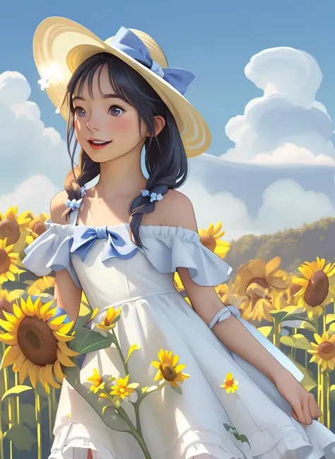1girl, :d, bare shoulders, blue bow, blue ribbon, blue sky, bouquet, bow, cloud, cloudy sky, collarbone, day, dress, earrings, eyebrows visible through hair, field, flower, flower field, hat, holding, holding flower, jewelry, lens flare, long hair, off shoulder, open mouth, outdoors, ribbon, sky, smile, solo, sun hat, sunflower, virtual youtuber, white dress, yellow flower