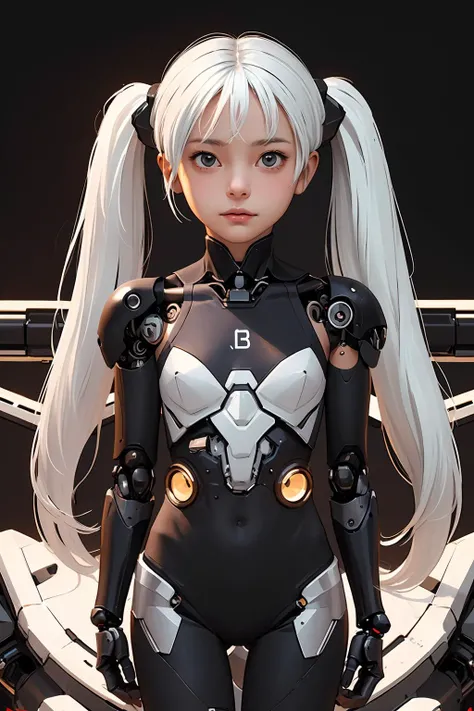 (best quality, masterpiece), 1girl, cyborg, looking at viewer, mechanical arms, white hair, uneven twintails