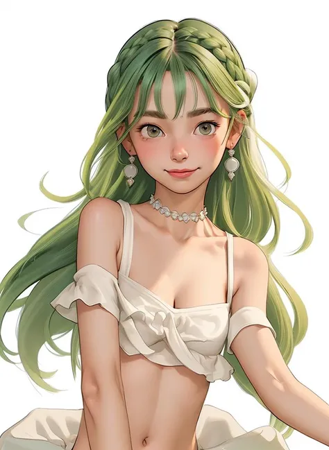 1girl, bangs, bare shoulders, blush, braid, breasts, choker, cleavage, closed mouth, collarbone, crop top, earrings, eyebrows visible through hair, green hair, hair ornament, jewelry, long hair, looking at viewer, medium breasts, midriff, navel, simple background, smile, solo, virtual youtuber, white background