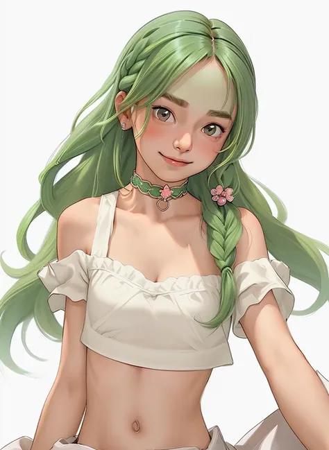 1girl, bangs, bare shoulders, blush, braid, breasts, choker, cleavage, closed mouth, collarbone, crop top, earrings, eyebrows visible through hair, green hair, hair ornament, jewelry, long hair, looking at viewer, medium breasts, midriff, navel, simple background, smile, solo, virtual youtuber, white background