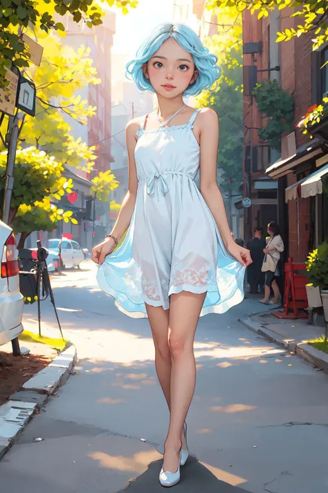 best quality, masterpiece, sharp focus, high resolution, ultra-detailed, 8k, 1girl, solo, wonderfully detailed full body illustration of beautiful woman wearing a white sundress, short curly hair, light blue hair, outside, daytime, sunlight