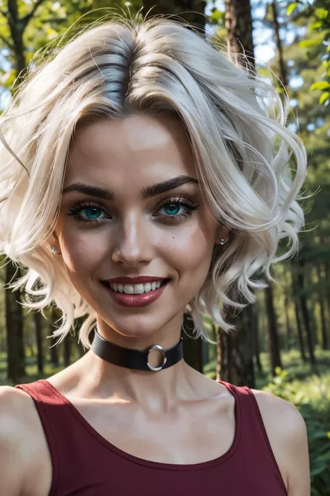 Stormy,blue hair, white hair strands, short curly hair, green eyes, choker, simple makeup, red crop top, looking at viewer, smiling, close up, outside, forest, natural lighting, high quality, masterpiece, <lora:WinxClubStormy:.8>