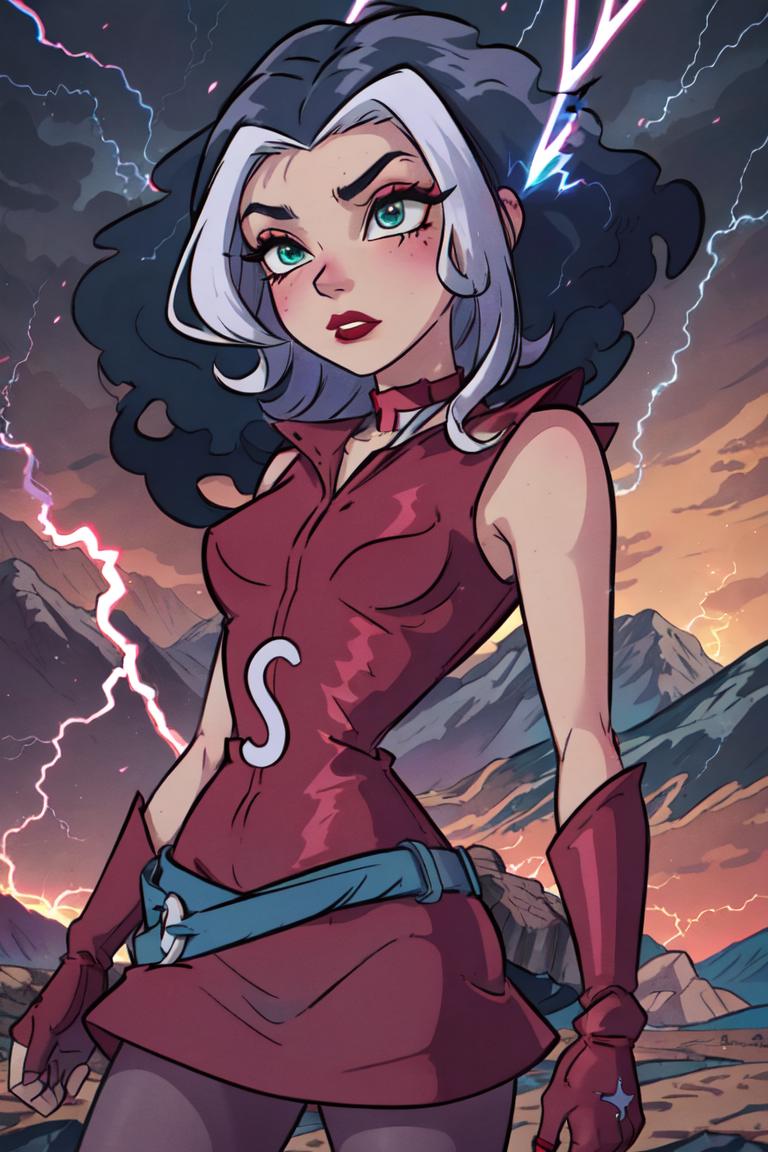 A cartoon of a woman in a red dress and a lightning bolt - SeaArt AI