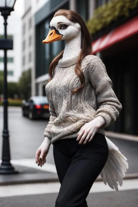 <lora:waterfowls_v1:0.5>, <lora:Furtastic_Detailer:0.5>,  anthro, anatid, anseriform, swan, female, solo, bird, feathers, white feathers, long hair, brown hair, eyelashes, beak, webbed feet, short tail, walking, street, outside, shy, detailed background, clothed, sweater, pants, day, detailed eyes, hi res, 8k, realistic, detailed feathers, 5 fingers
