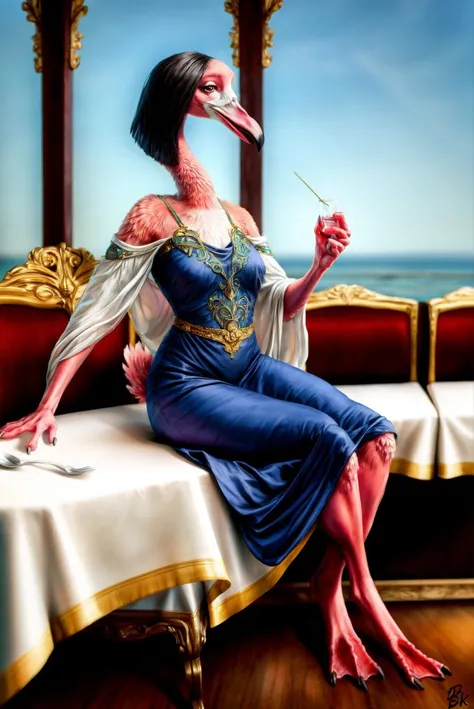 <lora:waterfowls_v1:0.5>, <lora:add_detail:0.7>, anthro, flamingo, female, solo, bird, feathers, black hair, bob cut, webbed feet, short tail, restaurant, dress, blue dress, sitting, pose, art nouveau, detailed background, clothed, detailed eyes, hi res, 8k, realistic, detailed feathers, eyelashes, cynical expression, pink feathers, <lora:Furtastic_Detailer:0.3>