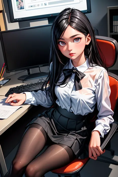 (masterpiece, best quality), a young black haired girl office secretary dressed in a transparent white blouse and black office skirt and black pantyhose ,sitting in an office chair, holding pencil, (detailed skin:1.3),(detailed eyes), (sharp focus), <lora:add_detail:1>