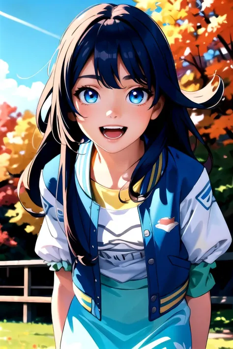 masterpiece, best quality, highres, aamahiro, long hair, blue hair, blue eyes, collarbone, white shirt, letterman jacket, blue jacket, open jacket, puffy sleeves, short sleeves, blue skirt, black pantyhose, <lora:yukishiro_mahiro_v1:0.7>, arms behind back, smile, open mouth, standing, cowboy shot, leaning forward, outdoors, autumn, maple leaf,
BREAK (masterpiece:1.2), best quality, high resolution, unity 8k wallpaper, (illustration:0.8), (beautiful detailed eyes:1.6), extremely detailed face, perfect lighting, extremely detailed CG, (perfect hands, perfect anatomy),  <lora:GoodHands-beta2:1.0>